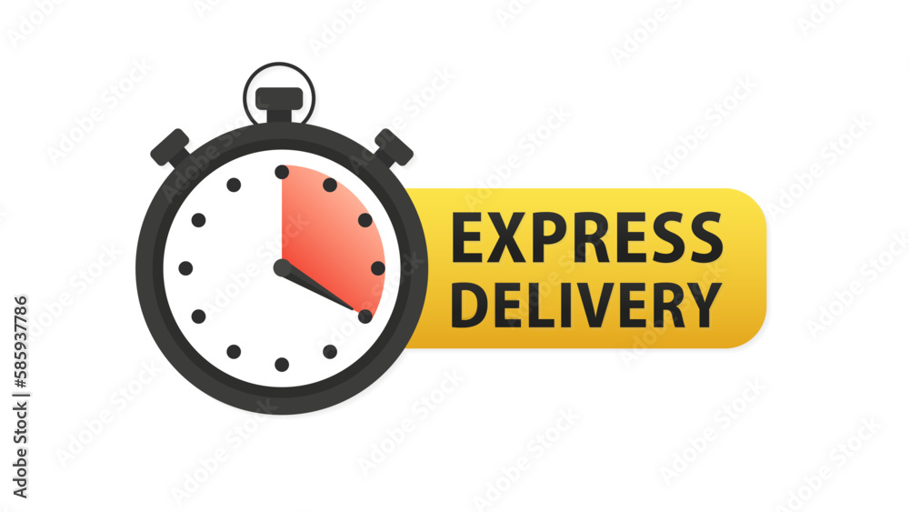 Express delivery icon. Super advertising label with alarm clock and word. Sticker, label express delivery. Inscription timer and express delivery. Vector illustration Express delivery icon. Super advertising label with alarm clock and word. Sticker, label express delivery. Inscription timer and express delivery. Vector illustration