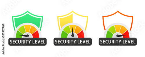 Security level. Loading scale. Company brand, gaming levels, corporate license, training criteria, with shield label design on a white isolated background. Vector illustration