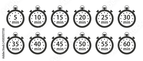 Timer and clock icons set. Vector times of 10, 15, 30, 45, 40, 50, 35, 25, 60 minutes. Stopwatch, chronometer, watch with countdown of hours and seconds for sport, cook. Vector illustration