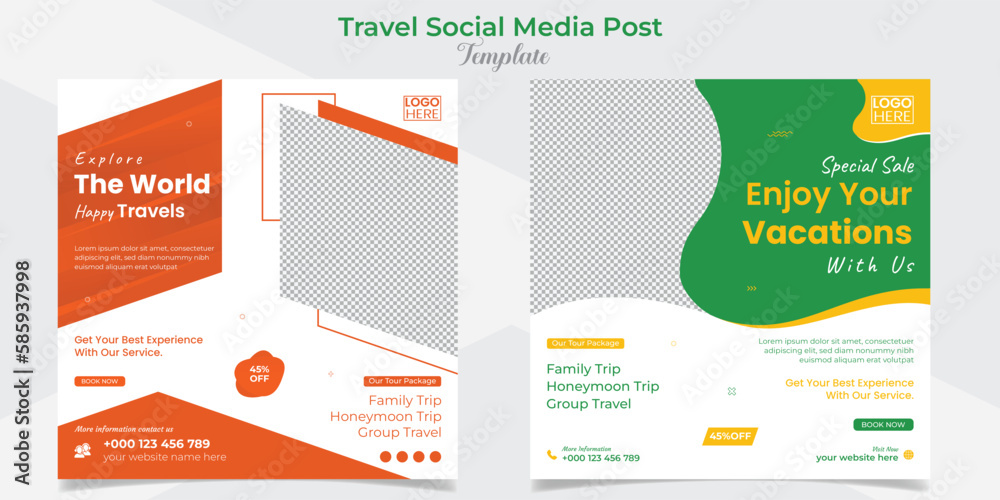 Holiday tourism and travel social media post and square flyer post banner template design set