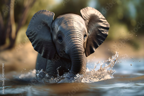 A curious baby elephant playfully splashing in a shallow river