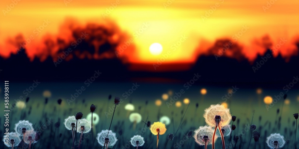 Colorful, realistic, dandelion field in red and golden sunset horizon, image made by Generative AI