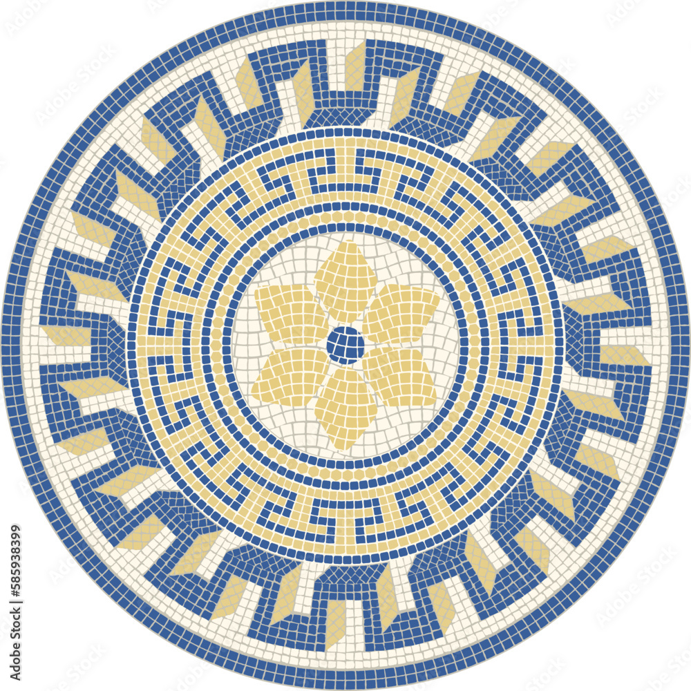 Classic mosaic circular ornament in blue and yellow colors. For ceramics, tiles, ornaments, backgrounds and other projects.	
