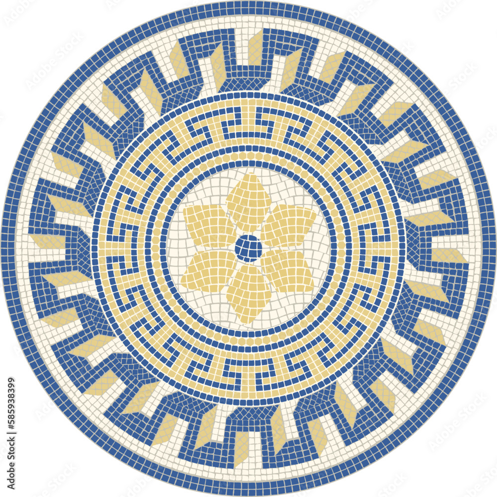 Classic mosaic circular ornament in blue and yellow colors. For ceramics, tiles, ornaments, backgrounds and other projects. Classic mosaic circular ornament in blue and yellow colors. For ceramics, tiles, ornaments, backgrounds and other projects.