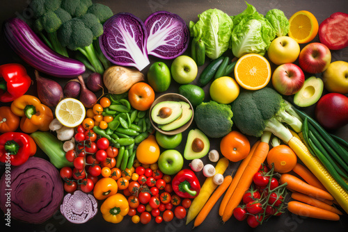 Vegan food backgrounds large group of fruits and vegetables