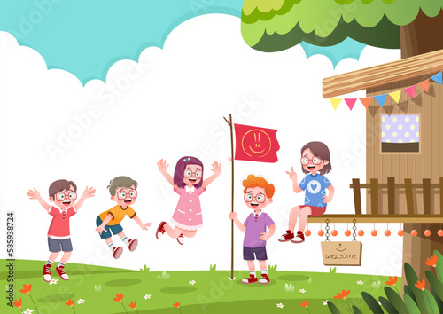 Children and friends playing happy activities on playground, tree house. Space for text, templates, posters, banners. Vector illustration.