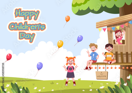 Children and friends playing happy activities on playground, tree house. Space for text, templates, posters, banners. Vector illustration.