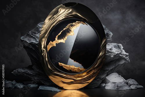 oval glass plate with golden smoke pattern in front of a light chipped stone created with Generative AI technology