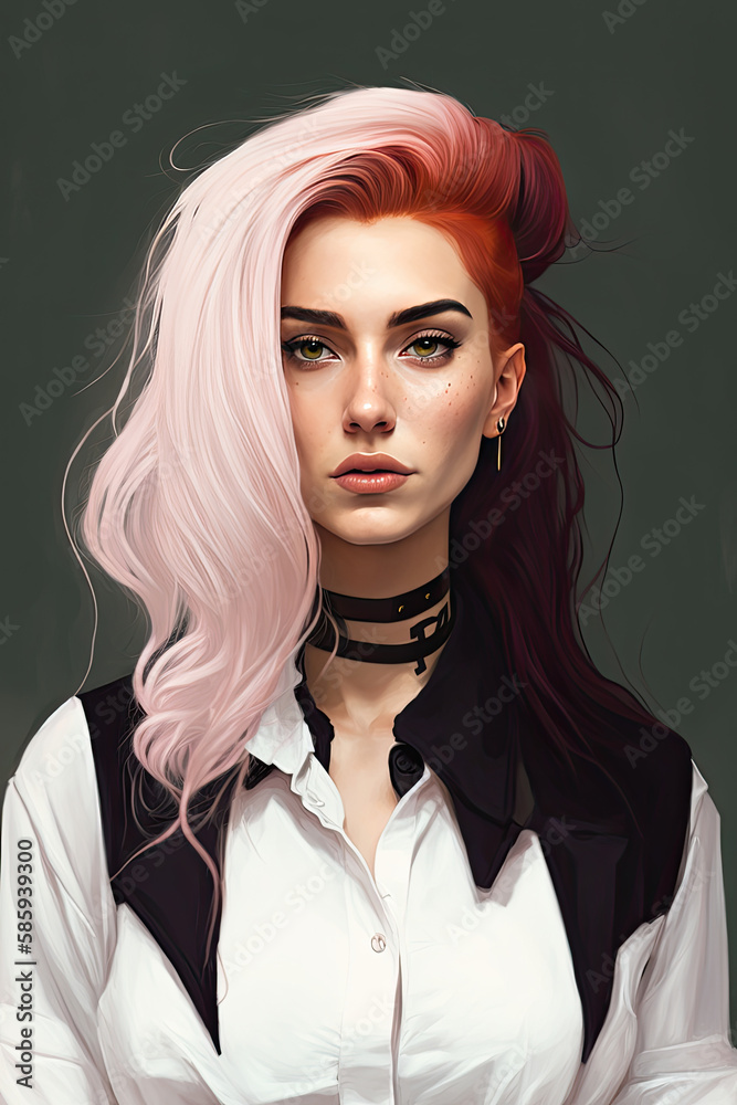 Φωτογραφία young woman with long hair in white and red, white blouse and black leather neck