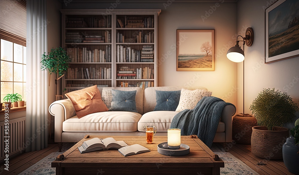 a living room with a couch, coffee table and bookshelf. generative ai a living room with a couch, coffee table and bookshelf. generative ai