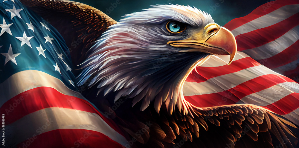 Wavy American flag with an eagle symbolizing strength and freedom . 4th of July Memorial or Independence day background. Generative AI technology. - obrazy, fototapety, plakaty 