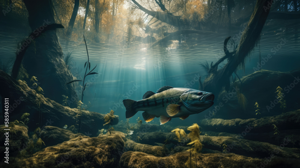 Largemouth bass swims underwater forest created with Generative AI Technology, ai, generative - obrazy, fototapety, plakaty 