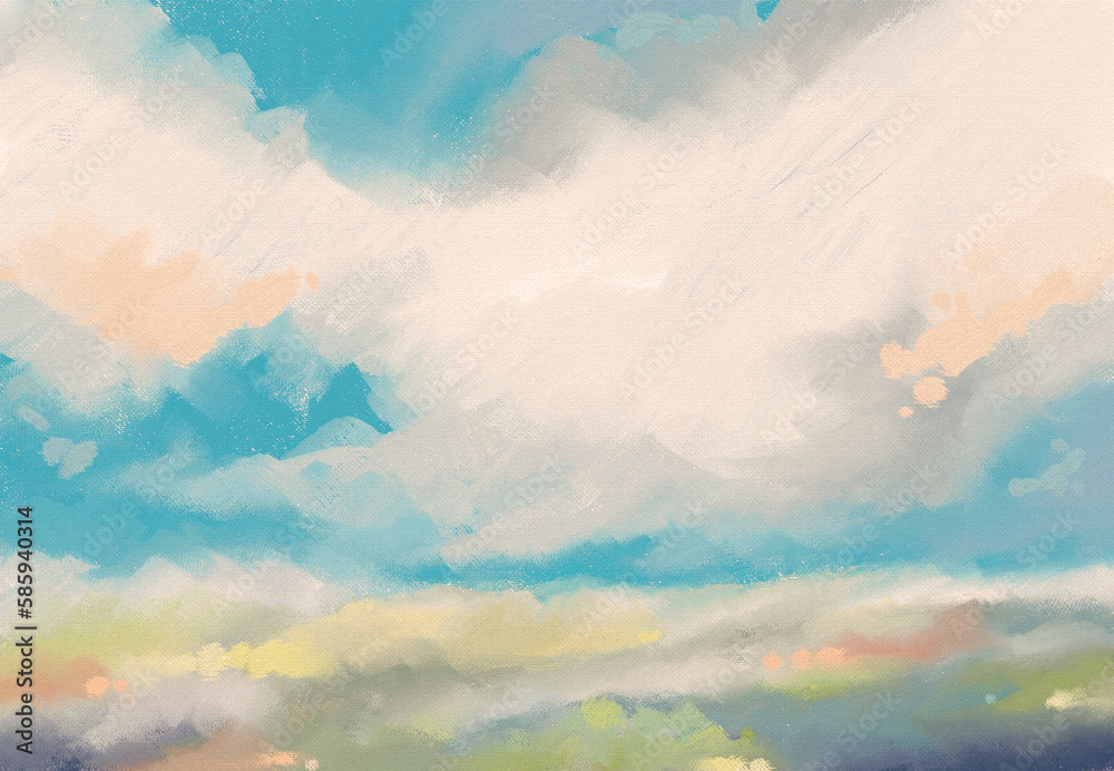 Impressionistic Serene Landscape with Cerulean Sky Over Hillside - Digital Painting, Illustration, Art, Artwork Background or Backdrop, or Wallpaper