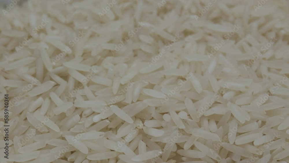 Close-up stream of falling white raw grains rice. Rice long parboiled polished. Vegetarian healthy eating product. Japanese food. Texture of rice. Macro. Natural background. Close-up stream of falling white raw grains rice. Rice long parboiled polished. Vegetarian healthy eating product. Japanese food. Texture of rice. Macro. Natural background.