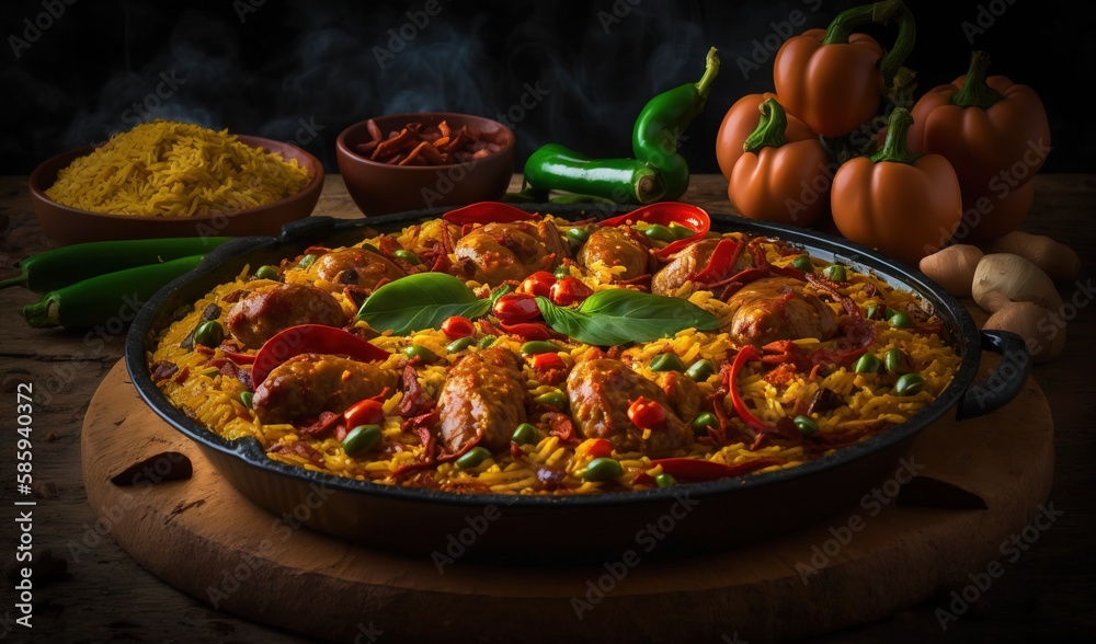 a large pan of food on a table with vegetables and spices. generative ai a large pan of food on a table with vegetables and spices. generative ai