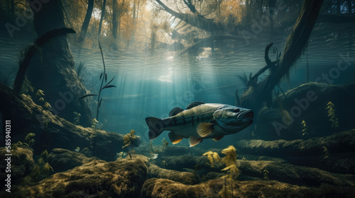 Largemouth bass swims underwater forest created with Generative AI Technology  ai  generative