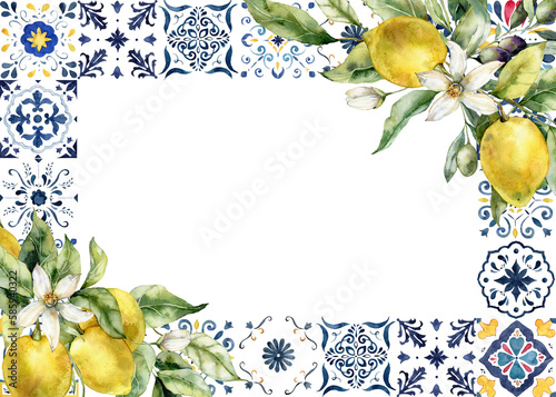 Wallpaper Mural Watercolor tropical frame of ripe lemons, olives, flowers and tiles. Hand painted yellow fruits and mosaic isolated on white background. Tasty food illustration for design, print, fabric, background. Torontodigital.ca
