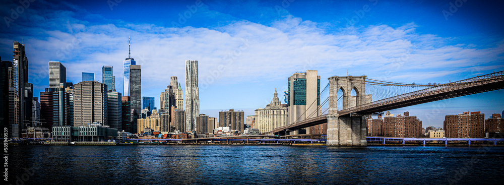 Panorama of Manhattan, New York City Skyline with Brooklyn Bridge