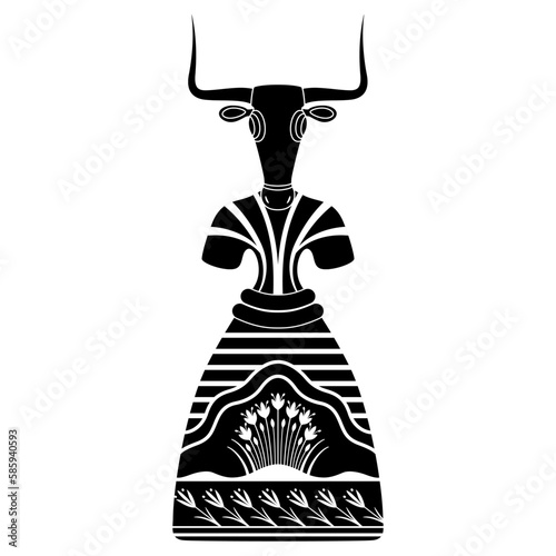 Figurine of Cretan Minoan woman or goddess with cow or bull head. Mythological concept. Black and white silhouette.