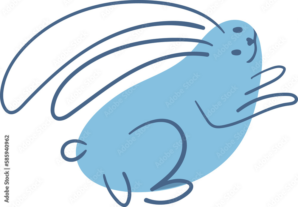 Line art simple happy bunny from line and spot in blue pastel and blue color.
