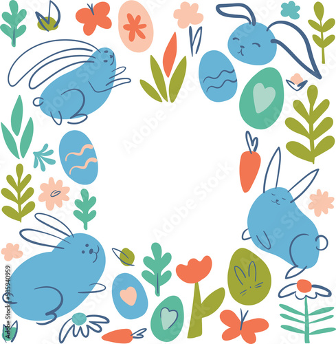 spring easter frame square. template with animal and nature treasures  rabbit  leaves  butterfly  carrot  flowers  copyspace