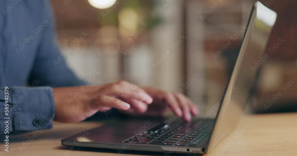 Closeup, hands and laptop for typing, update software and connection for email, planning and data analysis. Male employee, editor and writer with device, review and feedback with network and deadline