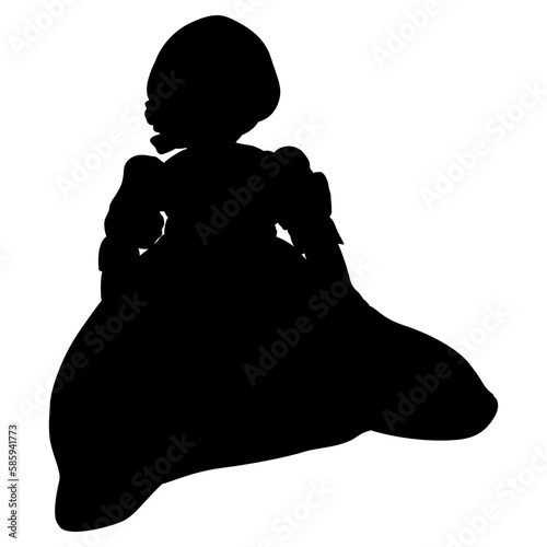 Seated antique doll in vintage dress and a hat. Black silhouette on white background.