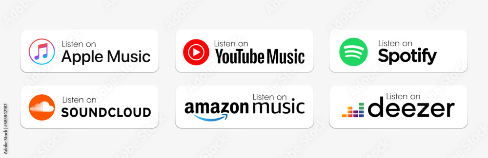 Vecteur Stock Popular Music streaming services listen on badges set. Apple  Music, Spotify, Youtube Amazon music, deezer and Soundcloud. Simple,  vector, printed. icon for website design, marketing, and mobile app. | Adobe