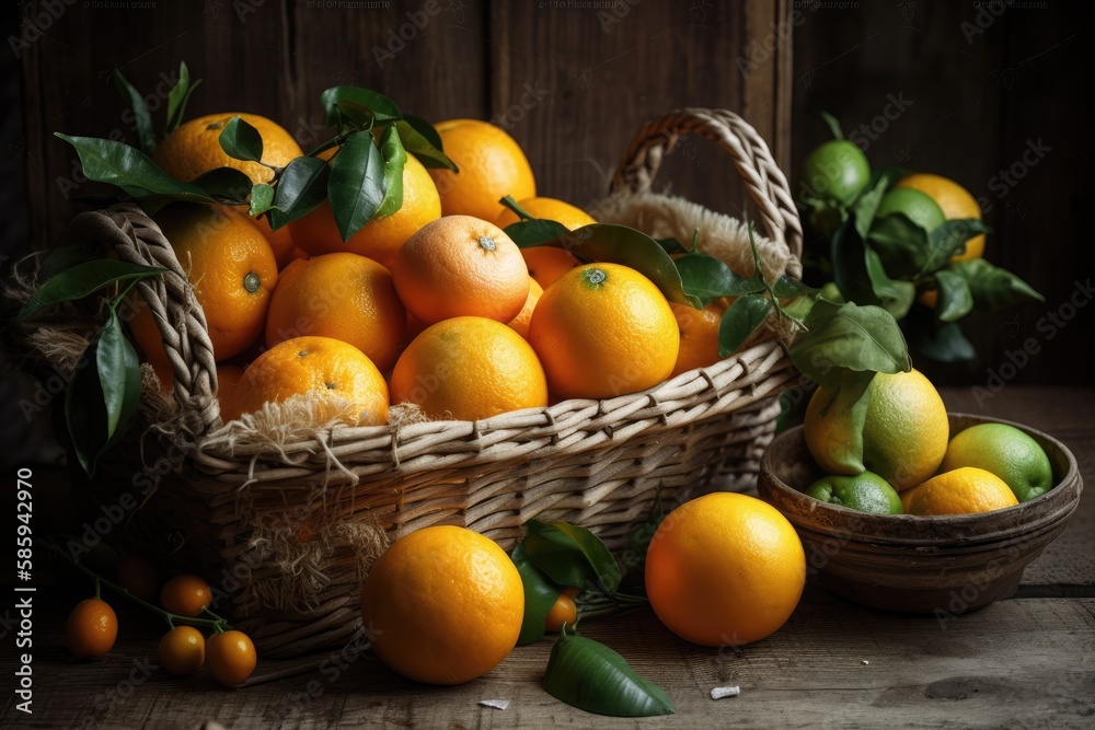 basket of fruits Oranges, lemons and tangarines. Generative AI basket of fruits Oranges, lemons and tangarines. Generative AI