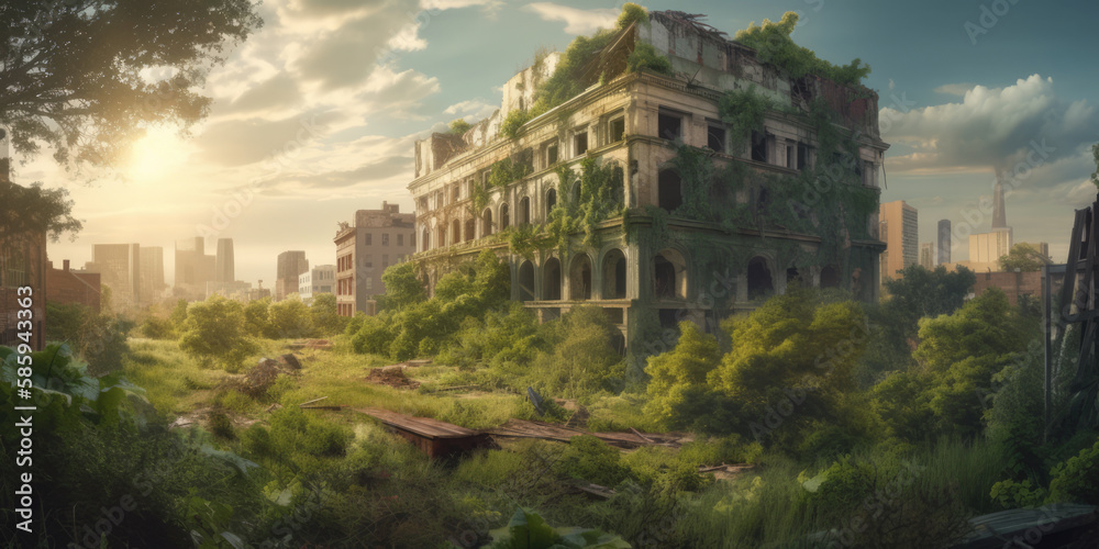 Post apocalyptic overgrown urban buildings