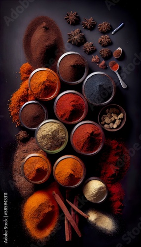 Still life with colorful spices. AI Generative Art.