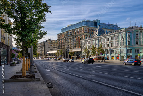 Tverskaya Street in Moscow, Russia. It is the main radial street of Moscow. Moscow architecture and landmark.