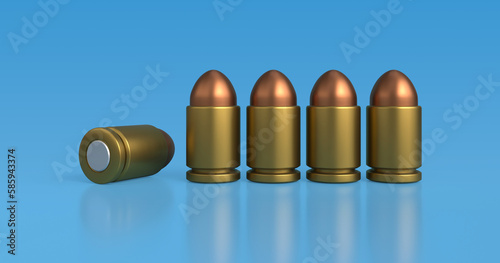 3d icon 9mm bullet in cartoon style stand in a row on a blue background. A pistol bullet. 3d rendering photo
