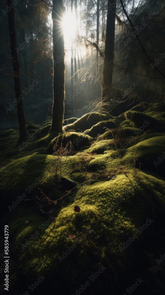 Obraz premium The Secret World of Moss in the Forest. Gen AI.