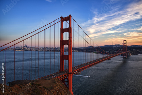 Golden Gate Bridge in San Francisco at sunset time