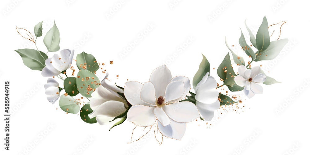 Flowers bouquet isolated on transparent background. White flower, blue cornflower, rose, green leaves with gold. Spring floral composition for design wedding cards, frame, print, wallpaper