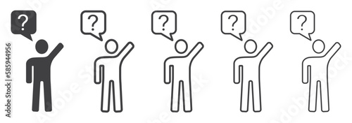 Set of persons asking question. Question mark  speech bubble  raised hand  thinking man  unsure  people  man  doubt. Vector.