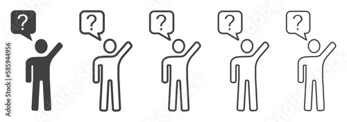 Set of persons asking question. Question mark, speech bubble, raised hand, thinking man, unsure, people, man, doubt. Vector.