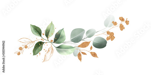 Watercolor bouquet of leaves and eucalyptus branch with gold. Botanical herbal illustration for wedding or greeting card. Hand painted spring composition isolated on white background. Abstract and rea photo