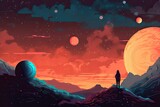 A girl is standing on top of a hill with planets in the background