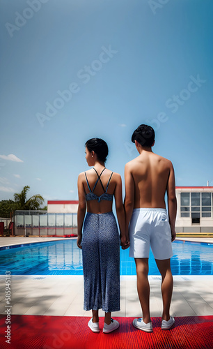 young couple near the pool, rear view, generative ai © Besler