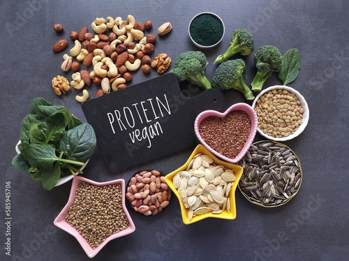 Protein rich foods. Plant-based protein. Natural sources of essential amino acid for vegan. Healthy vegetarian foods high in amino acids, protein and other important nutrients. Nuts, seeds, spirulina.