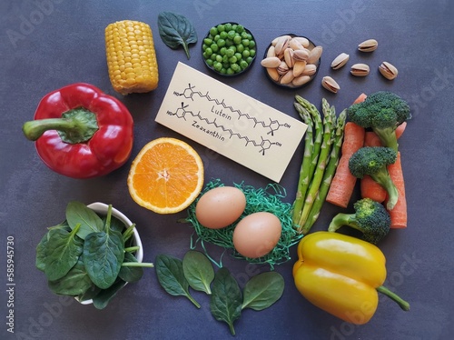 Foods rich in lutein and zeaxanthin with structural chemical formulas of two carotenoids. Fresh vegetable as best food sources of lutein and zeaxanthin. Spinach, peas, corn, bell pepper, asparagus... photo
