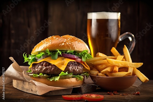 Tasty American Hamburger, Beer, Fries Feast, Generative AI
