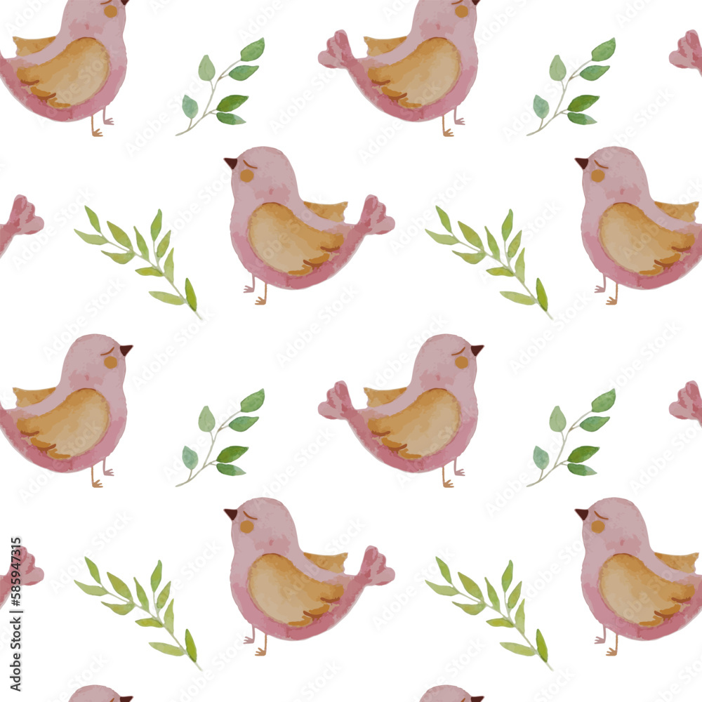 Seamless pattern with pink watercolor birds and green branches Seamless pattern with pink watercolor birds and green branches