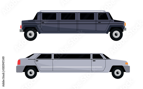 Vector illustrations of luxury cars for special occasions. White and black limousine in cartoon style isolated on white background. Side view. Modern vehicles for special events.