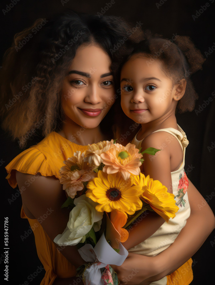 Happy mother with her daughter in her arms and flowers. the concept of happiness. Mother's Day. Ethnic diversity. Generative AI Happy mother with her daughter in her arms and flowers. the concept of happiness. Mother's Day. Ethnic diversity. Generative AI