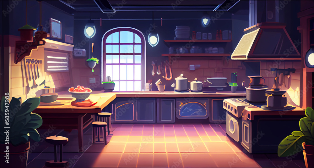 restaurant kitchen 2D background environment for a mobile game. A high