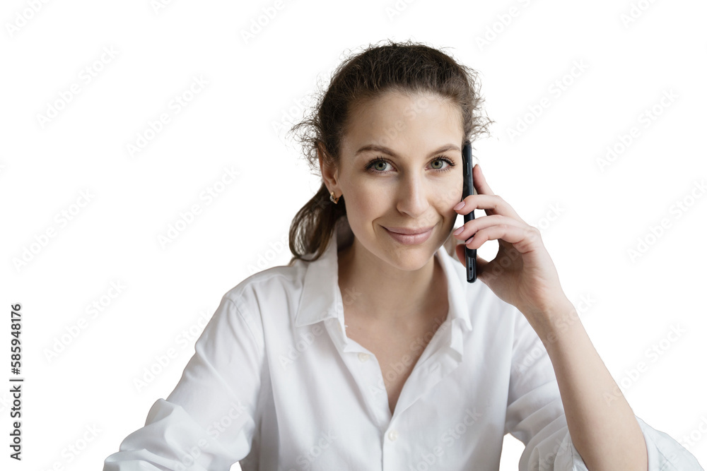 Portrait of a woman talking on the phone, transparent background, png, isolated. Portrait of a woman talking on the phone, transparent background, png, isolated.