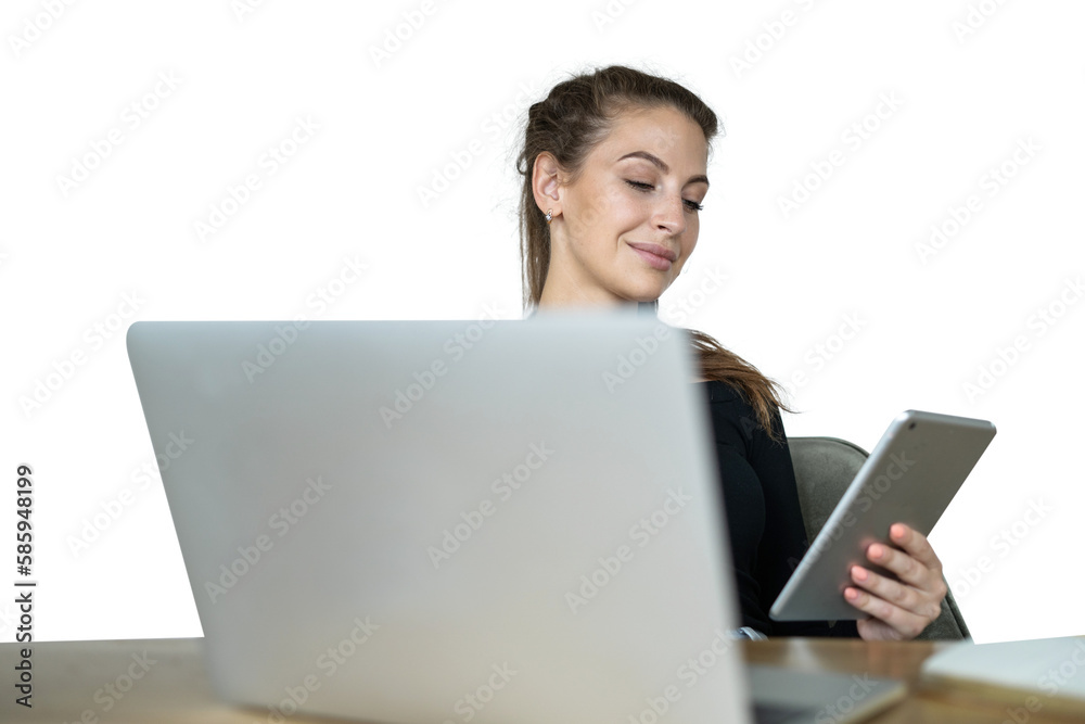 Young female freelancer daily work with computer and tablet online, transparent background, png, isolated. Young female freelancer daily work with computer and tablet online, transparent background, png, isolated.